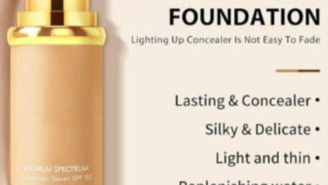 Skin temperature changing liquid foundation bottle with product features on a beige background
